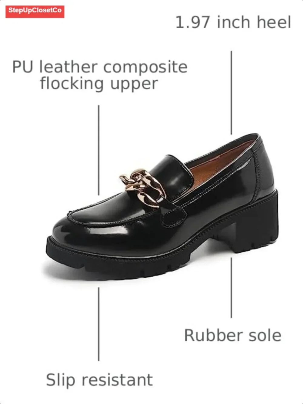 Chunky Platform Loafers Women Comfort Slip-on Faux Leather with Chain